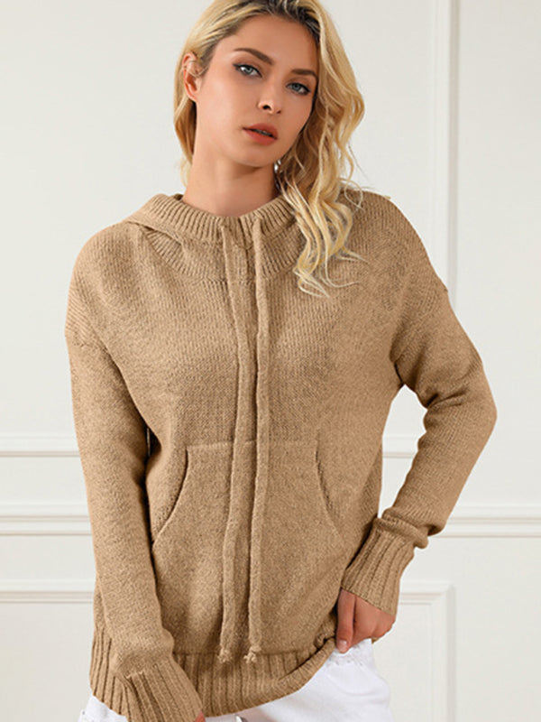 Sweaters- Hooded Kangaroo Pocket Knit Sweater | Hoodie Jumper- - Pekosa Women Clothing