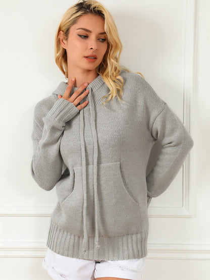 Sweaters- Hooded Kangaroo Pocket Knit Sweater | Hoodie Jumper- - Pekosa Women Clothing