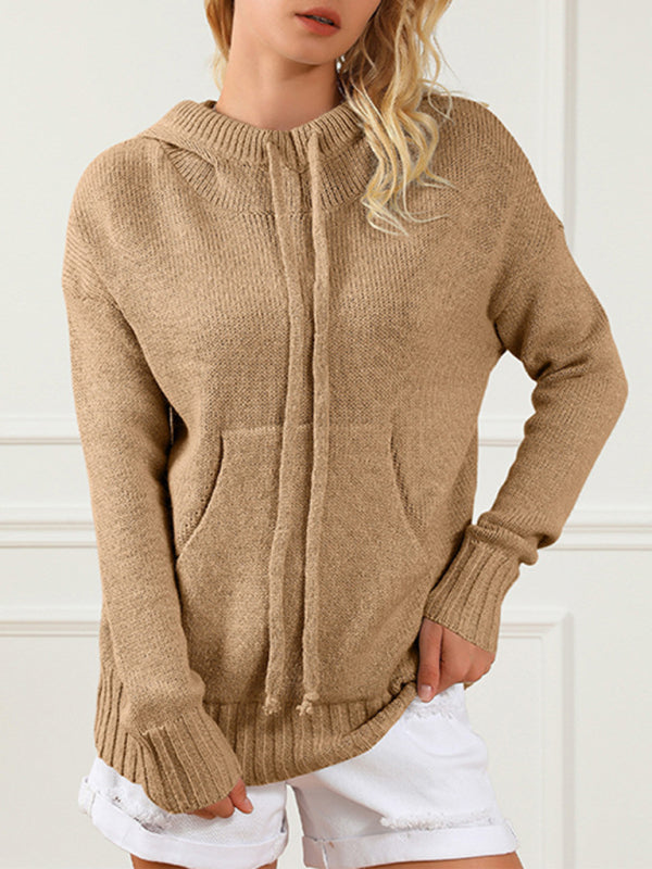 Sweaters- Hooded Kangaroo Pocket Knit Sweater | Hoodie Jumper- Brown- Pekosa Women Clothing