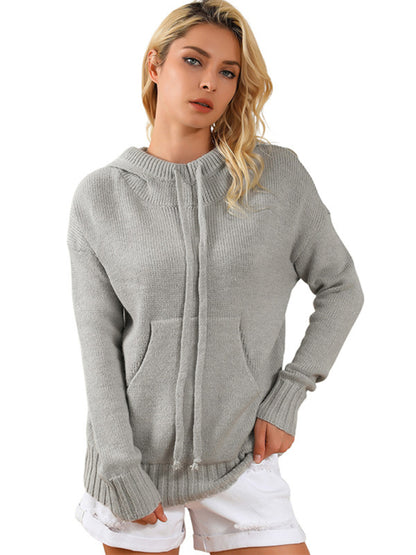 Sweaters- Hooded Kangaroo Pocket Knit Sweater | Hoodie Jumper- - Pekosa Women Clothing