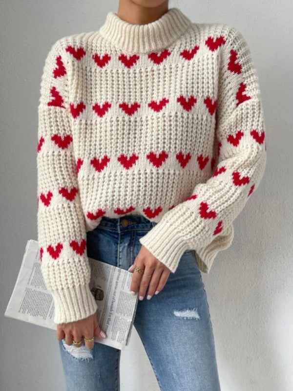 Sweaters- Jacquard Love Knit Turtleneck Sweater- - Pekosa Women Clothing