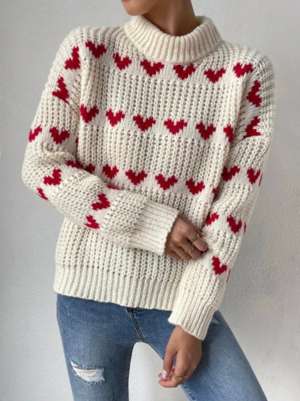 Sweaters- Jacquard Love Knit Turtleneck Sweater- Cream- Pekosa Women Clothing