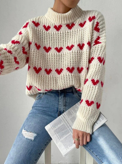 Sweaters- Jacquard Love Knit Turtleneck Sweater- - Pekosa Women Clothing