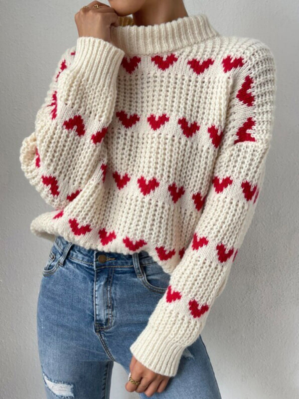 Sweaters- Jacquard Love Knit Turtleneck Sweater- - Pekosa Women Clothing