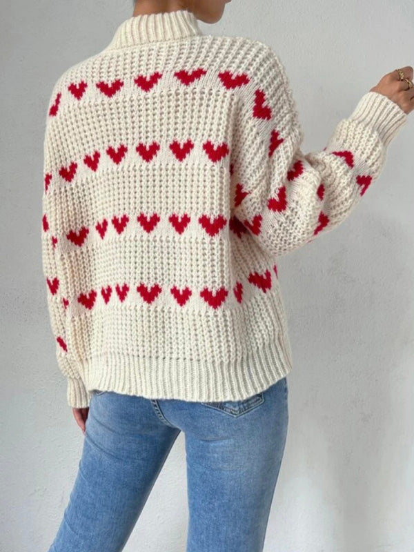 Sweaters- Jacquard Love Knit Turtleneck Sweater- - Pekosa Women Clothing