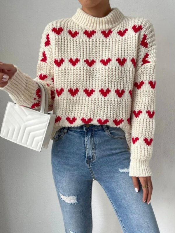 Sweaters- Jacquard Love Knit Turtleneck Sweater- - Pekosa Women Clothing