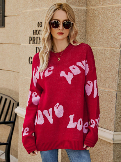 Sweaters- Jacquard Love-themed Sweater for Valentine's Day | Knit Jumper- - Pekosa Women Clothing