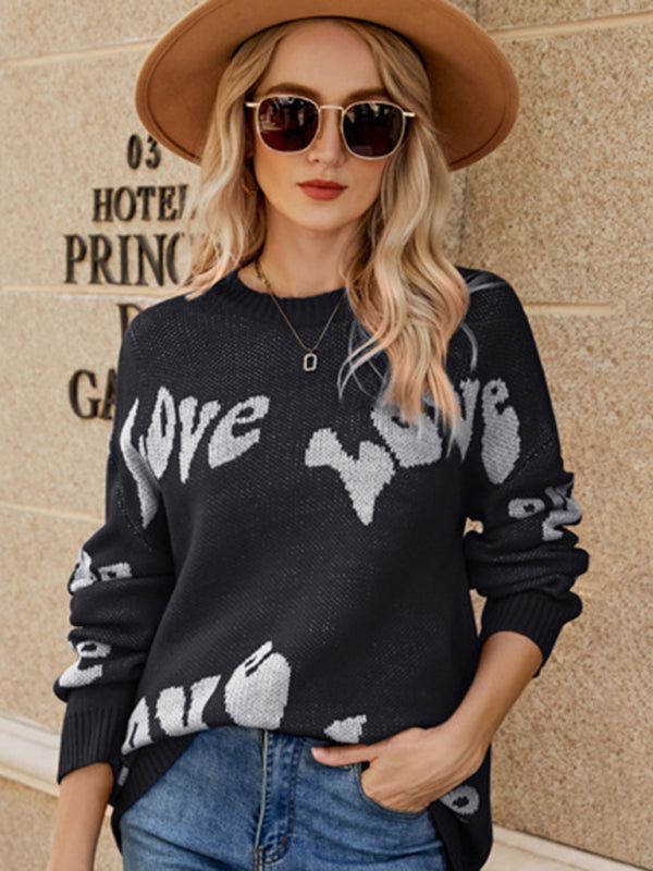 Sweaters- Jacquard Love-themed Sweater for Valentine's Day | Knit Jumper- - Pekosa Women Clothing