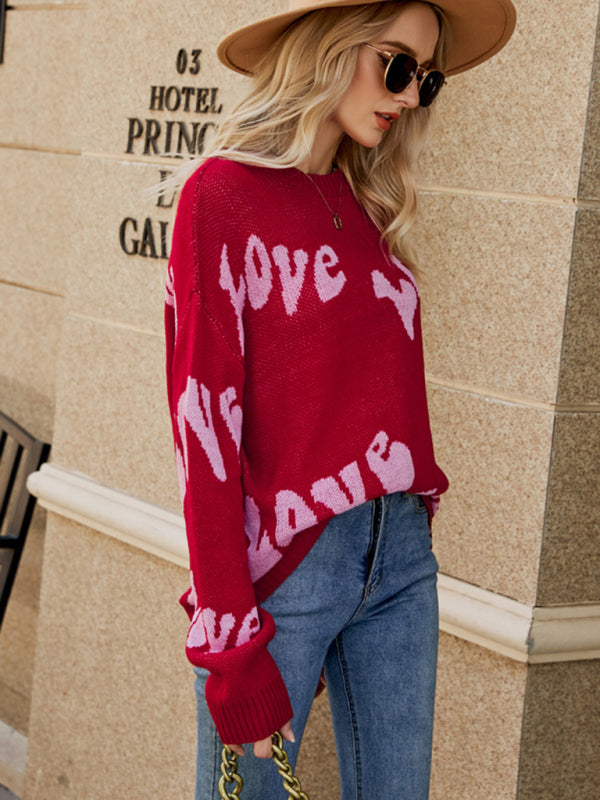 Sweaters- Jacquard Love-themed Sweater for Valentine's Day | Knit Jumper- - Pekosa Women Clothing