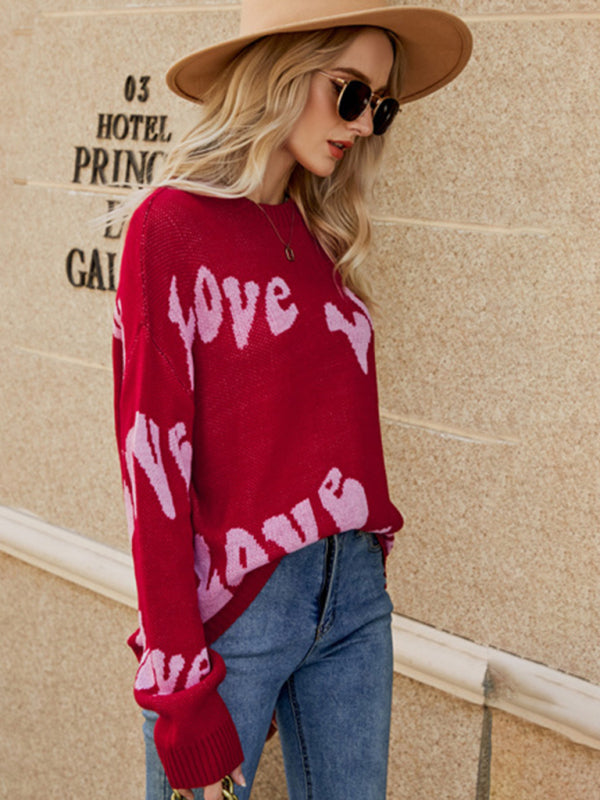 Sweaters- Jacquard Love-themed Sweater for Valentine's Day | Knit Jumper- - Pekosa Women Clothing