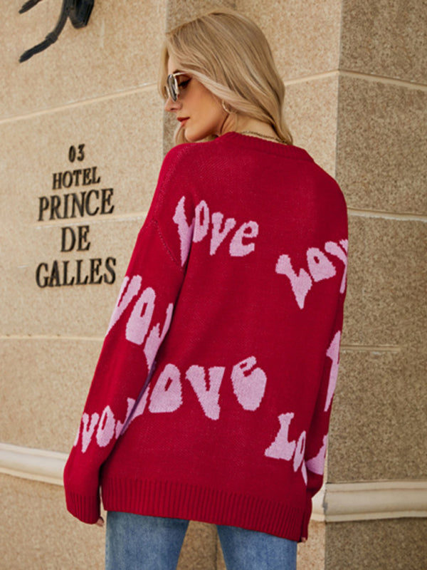 Sweaters- Jacquard Love-themed Sweater for Valentine's Day | Knit Jumper- - Pekosa Women Clothing