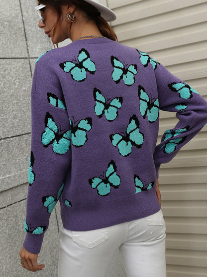 Sweaters- Knit Butterfly Dropped Shoulder Crewneck Sweater Jumper- - Pekosa Women Clothing