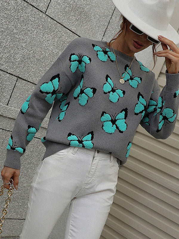 Sweaters- Knit Butterfly Dropped Shoulder Crewneck Sweater Jumper- - Pekosa Women Clothing