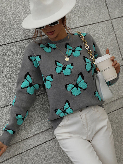 Sweaters- Knit Butterfly Dropped Shoulder Crewneck Sweater Jumper- - Pekosa Women Clothing