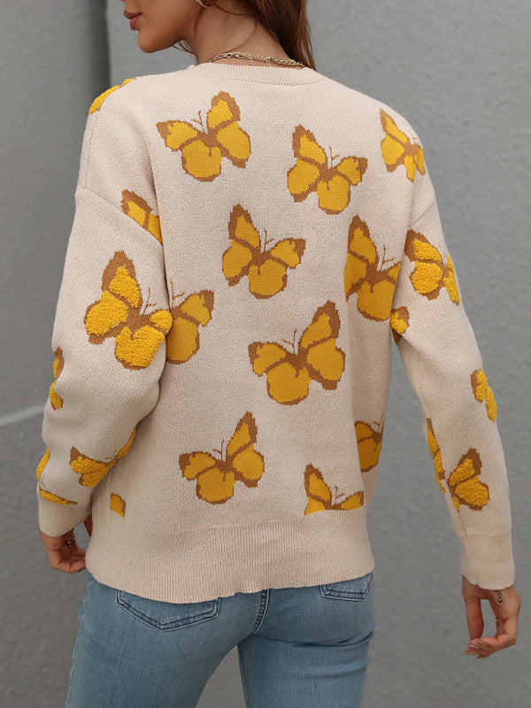 Sweaters- Knit Butterfly Dropped Shoulder Crewneck Sweater Jumper- - Pekosa Women Clothing