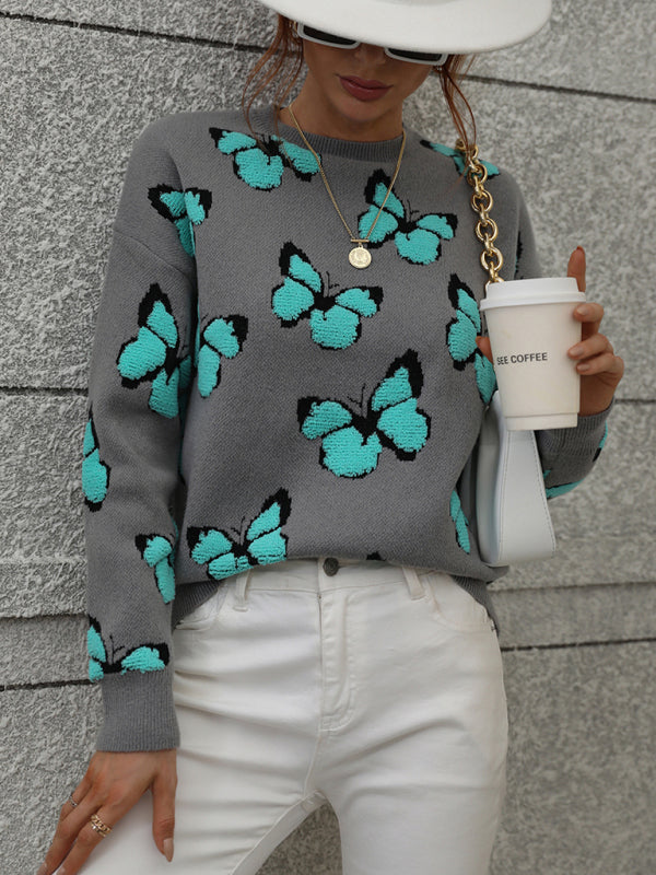 Sweaters- Knit Butterfly Dropped Shoulder Crewneck Sweater Jumper- - Pekosa Women Clothing