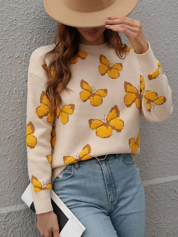 Sweaters- Knit Butterfly Dropped Shoulder Crewneck Sweater Jumper- - Pekosa Women Clothing