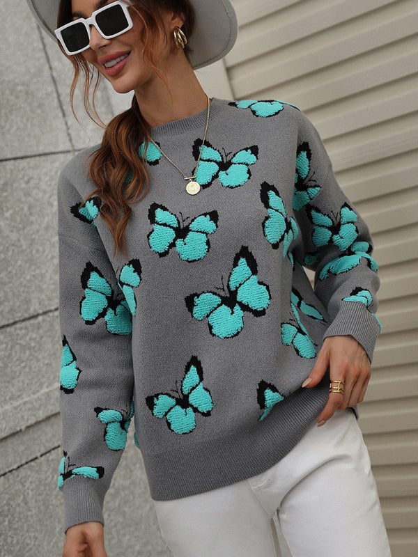 Sweaters- Knit Butterfly Dropped Shoulder Crewneck Sweater Jumper- - Pekosa Women Clothing