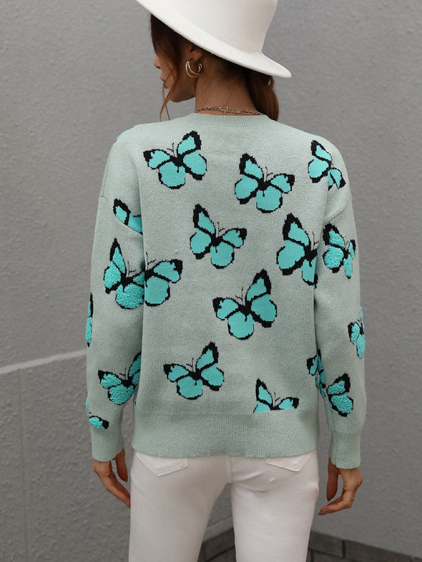 Sweaters- Knit Butterfly Dropped Shoulder Crewneck Sweater Jumper- - Pekosa Women Clothing