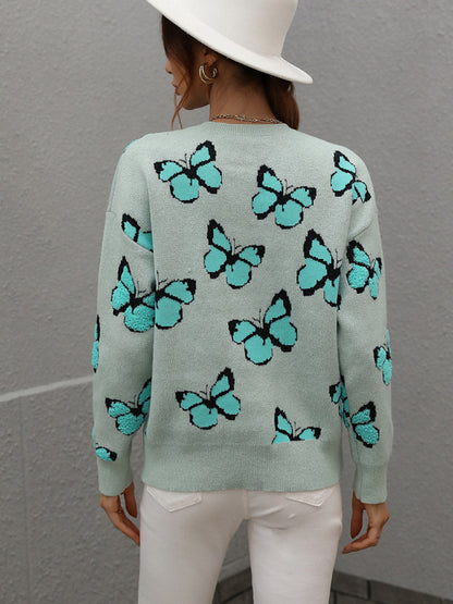 Sweaters- Knit Butterfly Dropped Shoulder Crewneck Sweater Jumper- - Pekosa Women Clothing