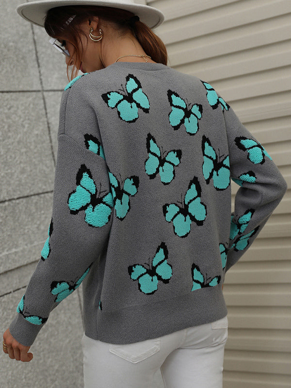 Sweaters- Knit Butterfly Dropped Shoulder Crewneck Sweater Jumper- - Pekosa Women Clothing