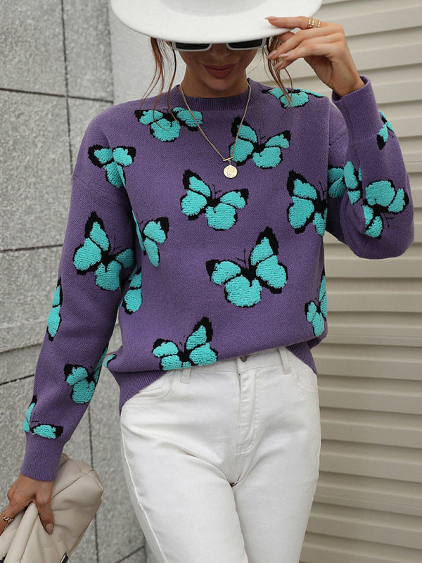 Sweaters- Knit Butterfly Dropped Shoulder Crewneck Sweater Jumper- Purple- Pekosa Women Clothing