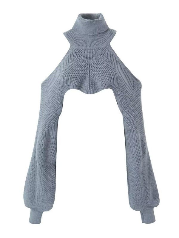 Sweaters- Knit Cold Shoulder Turtleneck Bolero Sweater- - Pekosa Women Fashion