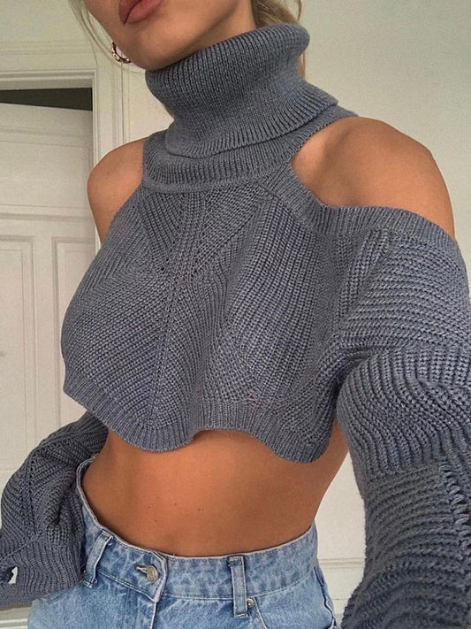 Sweaters- Knit Cold Shoulder Turtleneck Bolero Sweater- Grey- Pekosa Women Fashion