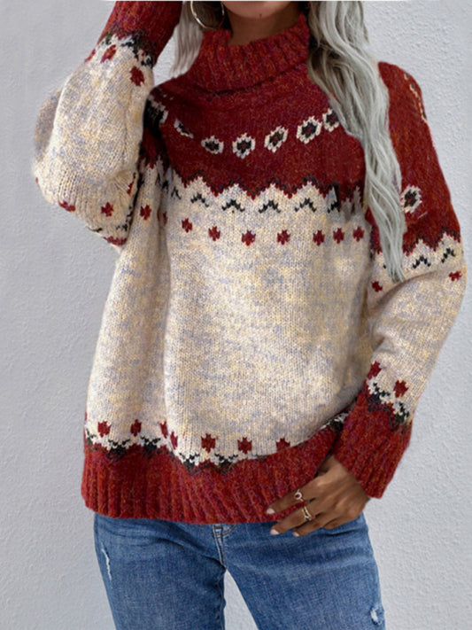 Sweaters- Knit Snowflake Turtle Neck Drop Shoulder Sweater- Red- Pekosa Women Clothing