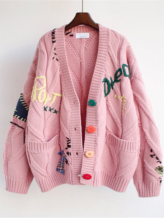 Sweaters- Knitted Chunky Sweater Cardigan: Patch Pockets, Artwork Accents- Pink- Pekosa Women Clothing