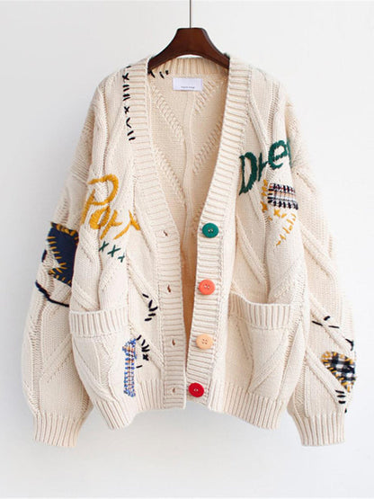 Sweaters- Knitted Chunky Sweater Cardigan: Patch Pockets, Artwork Accents- White- Pekosa Women Clothing