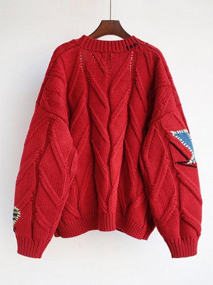 Sweaters- Knitted Chunky Sweater Cardigan: Patch Pockets, Artwork Accents- - Pekosa Women Clothing