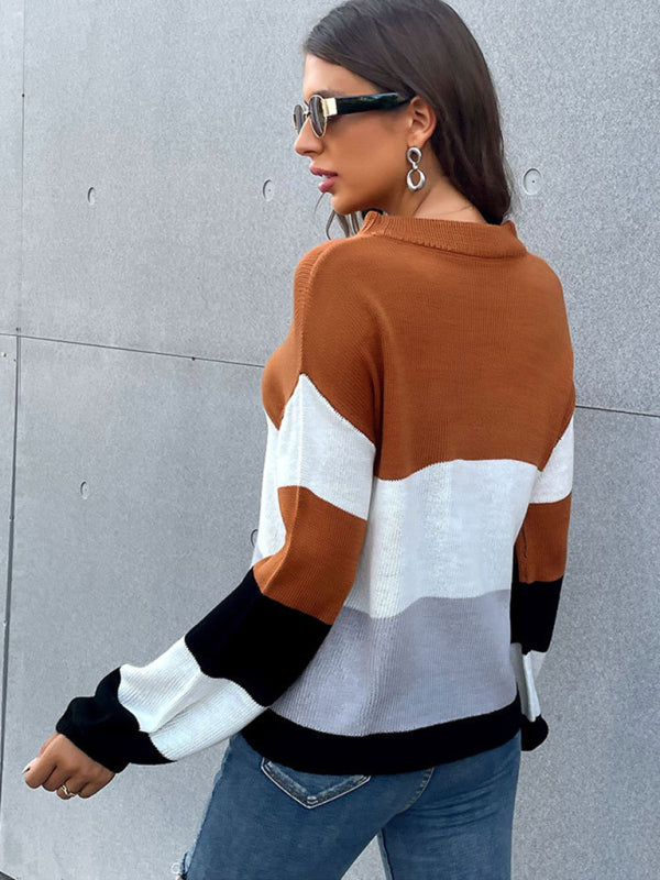 Sweaters- Knitted Color block Round Neck Sweater- - Pekosa Women Clothing