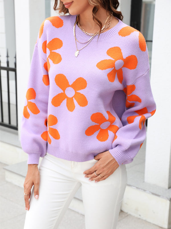 Sweaters- Knitted Floral Relax Long Sleeve Pullover Sweater- Purple- Pekosa Women Clothing