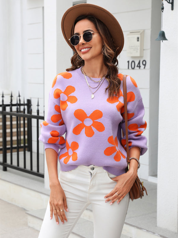 Sweaters- Knitted Floral Relax Long Sleeve Pullover Sweater- - Pekosa Women Clothing