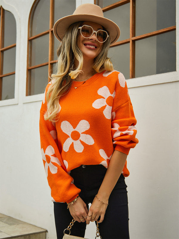 Sweaters- Knitted Floral Relax Long Sleeve Pullover Sweater- - Pekosa Women Clothing