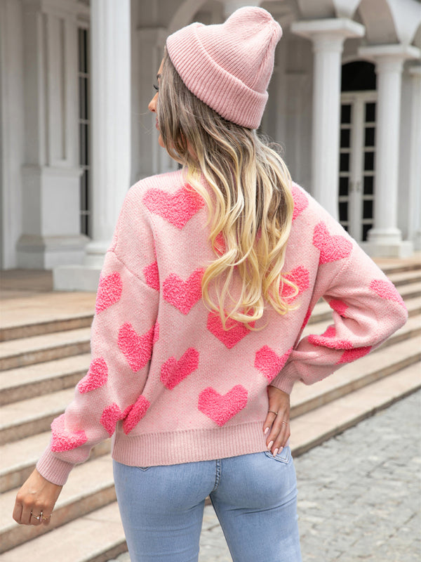 Sweaters- Knitted Fluffy Heart Drop Shoulder Sweater- - Pekosa Women Clothing