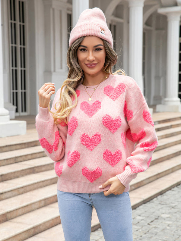 Sweaters- Knitted Fluffy Heart Drop Shoulder Sweater- - Pekosa Women Clothing