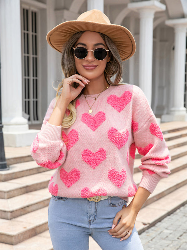 Sweaters- Knitted Fluffy Heart Drop Shoulder Sweater- - Pekosa Women Clothing