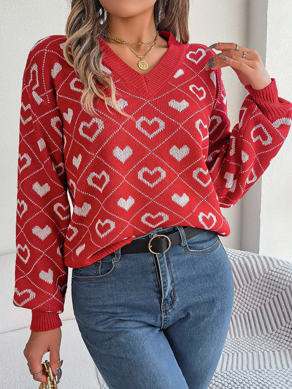 Sweaters- Knitted Heart Drop Shoulder V-Neck Sweater- - Pekosa Women Clothing