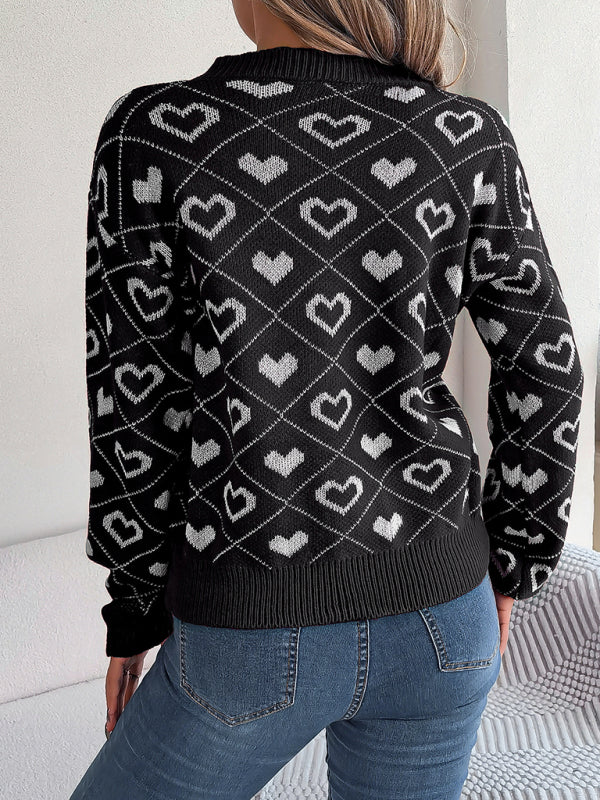 Sweaters- Knitted Heart Drop Shoulder V-Neck Sweater- - Pekosa Women Clothing