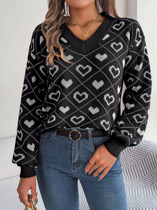 Sweaters- Knitted Heart Drop Shoulder V-Neck Sweater- - Pekosa Women Clothing