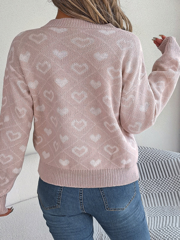 Sweaters- Knitted Heart Drop Shoulder V-Neck Sweater- - Pekosa Women Clothing