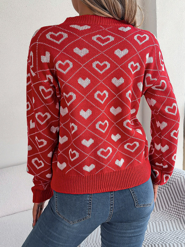 Sweaters- Knitted Heart Drop Shoulder V-Neck Sweater- - Pekosa Women Clothing