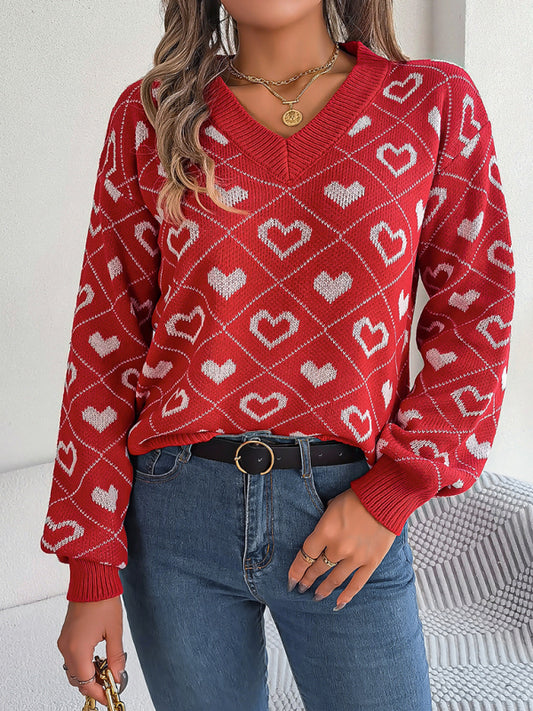 Sweaters- Knitted Heart Drop Shoulder V-Neck Sweater- Red- Pekosa Women Clothing