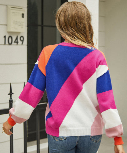 Sweaters- Knitted Patchwork Colorblock Round Neck Sweater- - Pekosa Women Clothing