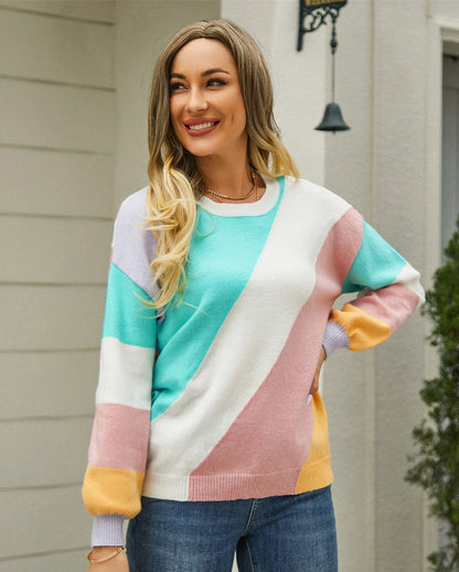 Sweaters- Knitted Patchwork Colorblock Round Neck Sweater- - Pekosa Women Clothing