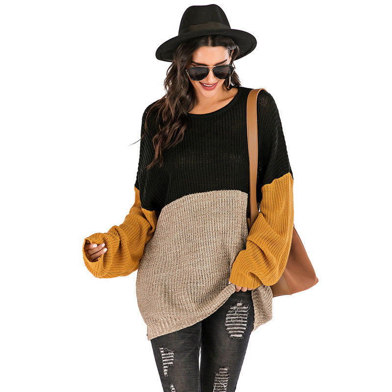 Sweaters- Knitted Patchwork Colors Drop Shoulder Mid Sweater- Black- Pekosa Women Clothing