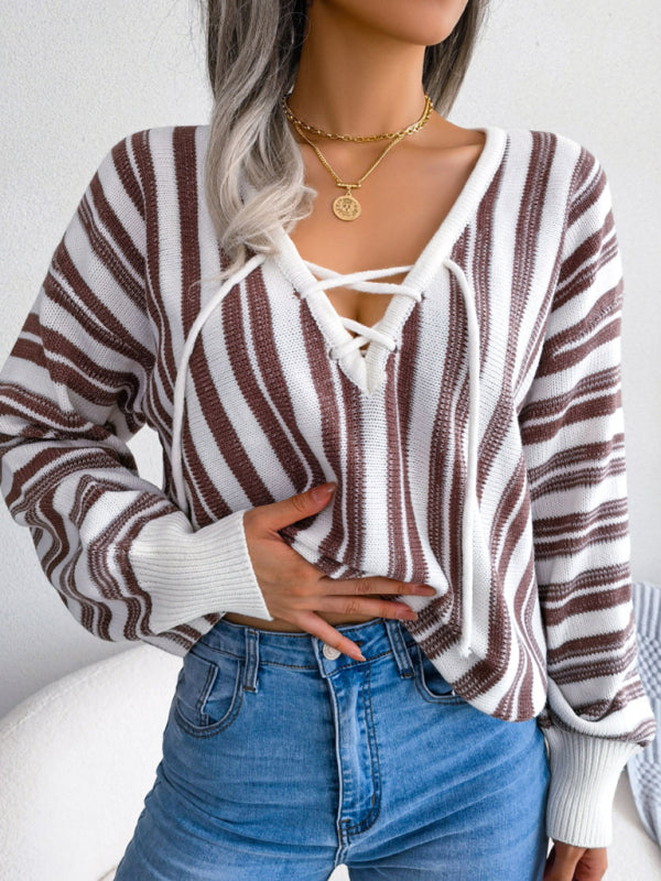 Sweaters- Knitted Stripe V-Neck Drawstring Tie Sweater- - Pekosa Women Clothing