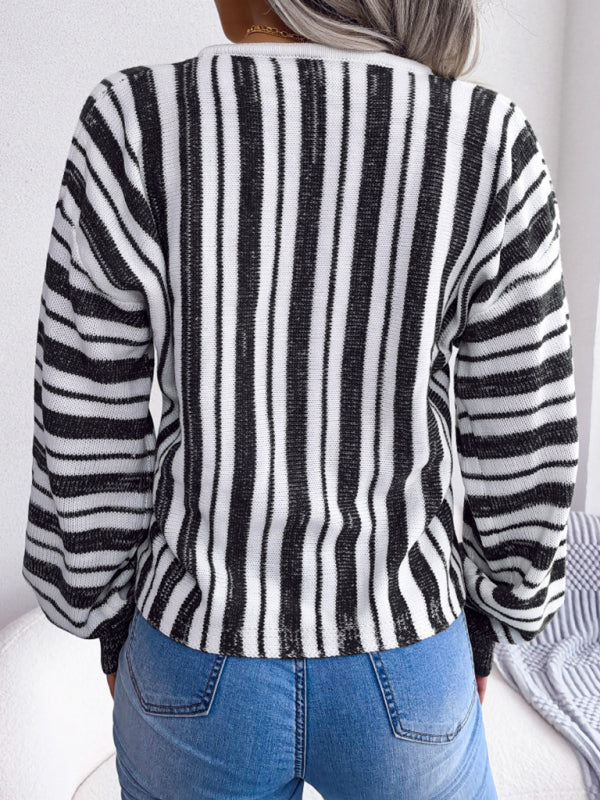 Sweaters- Knitted Stripe V-Neck Drawstring Tie Sweater- - Pekosa Women Clothing